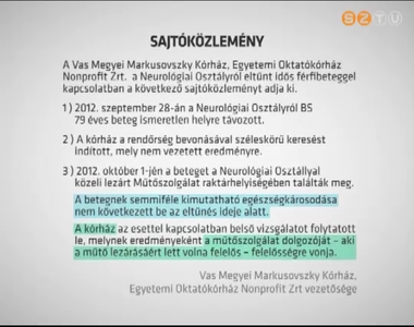Lezárult a neurológiáról eltűnt beteg ügyében indított belső vizsgálat